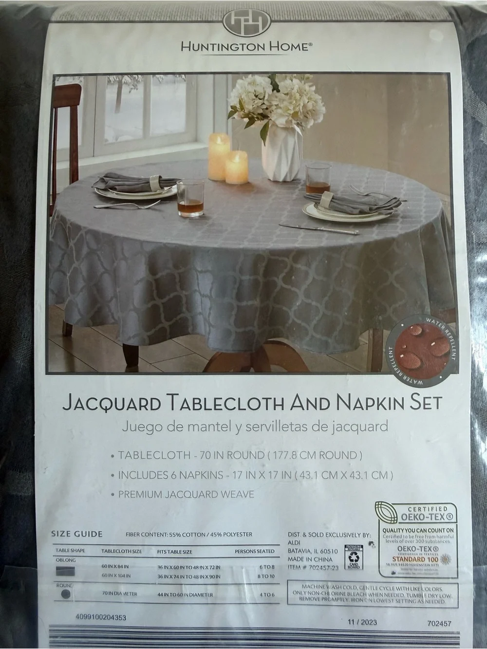 Huntington Home Gray Jacquard 70” Tablecloth & 6 Napkin Set Modern Farmhouse NIP